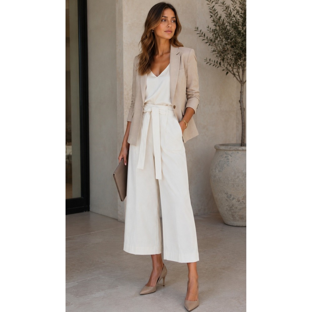 Theory Belt Crop Pant Rice Admiral Crepe Wide Leg Trousers K0609220 Womens 8 NEW